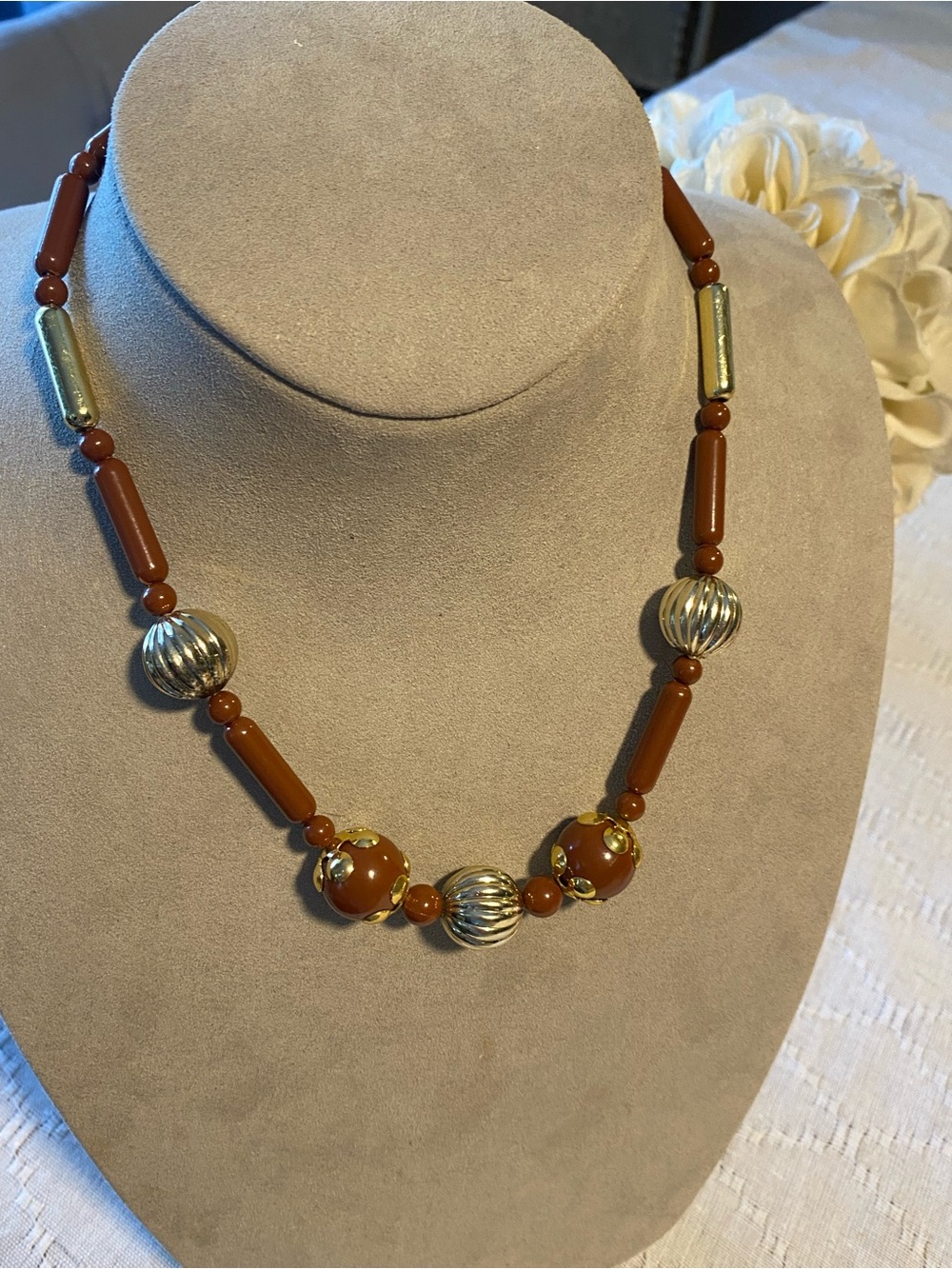 West Germany Brown and Gold Beaded Necklace